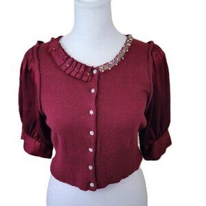 Suki Cashmere Angora Blend Silk Sleeve Short Sweater Ribbon Sparkle Detail SZ S